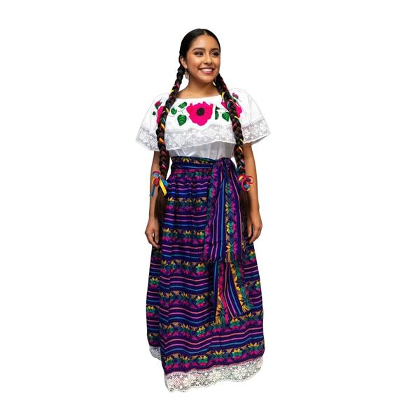 Mexican 3 piece set Blouse Cambaya skirt elastic waist and belt or mini rebozo - Picture 3 of 9